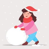 uma menina com uma jaqueta rosa esculpe um boneco de neve. humor de inverno. um passeio divertido. agasalhos para a rua. vetor