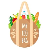 saco de têxteis de desenho vetorial com eco quot com alimentos orgânicos saudáveis. vetor