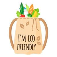 sacola reutilizável de têxteis de desenho vetorial com eco quot com alimentos orgânicos saudáveis. vetor