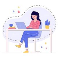 conceito de local de trabalho. mulher sentada em uma cadeira e trabalhando com um laptop na mesa. ilustração moderna em estilo simples com contorno. vetor