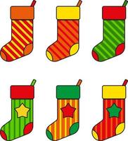 conjunto de meias coloridas de Natal, ilustração vetorial. meias com linhas e estrelas vetor