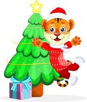 tigre fofo e feliz com caixa de presente e árvore de Natal verde. natal e ano novo vetor