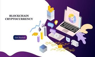 moderno design plano plano de fundo isométrico de blockchain e criptomoeda para banner e site. modelo de página de destino. transação de dinheiro virtual, conceito de blockchain de criptomoeda. ilustração vetorial vetor