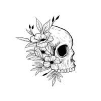 crânio preto e branco com ilustração vetorial de estilo desenhado à mão vetor
