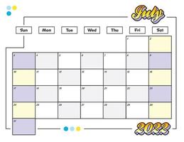 julho colorful cute 2022 calendar planner printable vetor