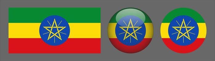 Coleção de conjuntos de bandeiras da Etiópia, proporção de tamanho original, 3D arredondado e plano arredondado vetor
