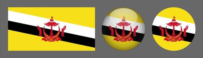 coleção de conjunto de bandeiras de Brunei, proporção de tamanho original, 3D arredondado e plano arredondado vetor