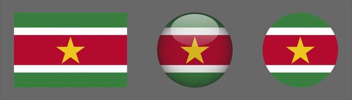 coleção de conjunto de bandeira de suriname, proporção de tamanho original, 3d arredondado e plano arredondado. vetor