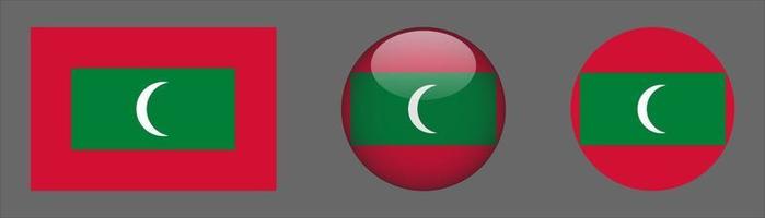 coleção do conjunto de bandeiras das Maldivas, proporção do tamanho original, 3d arredondado e plano arredondado. vetor