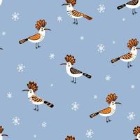 doodle padrão sem emenda com poupa pássaros e flocos de neve. vetor