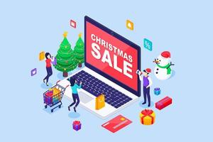 mulheres jovens fazem compras online no dia da liquidação de Natal por meio de um laptop gigante. árvore de natal, boneco de neve e caixas de presente. feliz Natal e Feliz Ano Novo. ilustração vetorial isométrica vetor