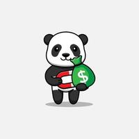 panda fofo ganha um saco de dinheiro com um ímã vetor