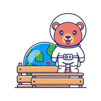 urso fofo vestindo terno de astronauta com miniatura do planeta Terra vetor