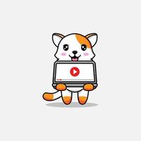 gato fofo reproduzindo vídeo no laptop vetor