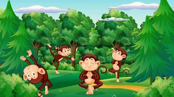 cena da floresta com desenho engraçado de macacos vetor