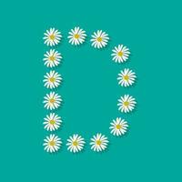 letra d de flores de camomila branca. fonte festiva ou decoração para férias de primavera ou verão e design. ilustração em vetor plana