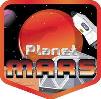 planeta Marte logo design de palavra com estação espacial vetor