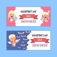 cartão de banner fofo do dia dos namorados com personagem de Cupido venda do dia dos namorados vetor