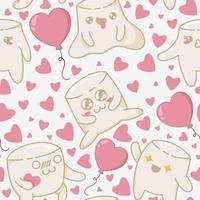 padrão sem emenda com marshmallow kawaii mastigando um coração de doce rodeado por doces diferentes. personagens de marshmallow kawaii em um estilo simples. vetor