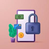 conceito de segurança de dados fintech. tecnologia de privacidade de segurança digital de banco financeiro de aplicativo. Telefone de cadeado de ícone 3D, dinheiro, cartão.