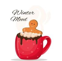 cartão postal do Natal x-mas pão de mel no copo de café vermelho. presente, bebidas quentes