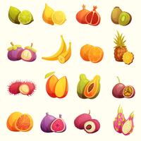 Conjunto de ícones de Cartoon retrô de frutas tropicais vetor