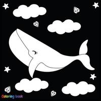 baleia bebê bonito dos desenhos animados voando nas nuvens. ilustração em vetor preto e branco para livro de colorir