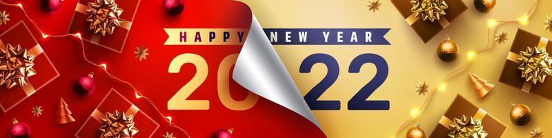 Cartaz ou banner de promoção de feliz ano novo de 2022 com papel de embrulho aberto e caixa de presente nas cores vermelho e dourado. Mude ou abra para o conceito de ano novo de 2022. modelo de promoção e compras para o ano novo de 2022