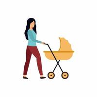 uma jovem caminha com um carrinho. a mãe e a criança. gravidez, parto, maternidade. personagem de vetor em estilo simples.