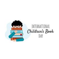 dia internacional do livro infantil. o menino está segurando uma pilha de livros. ilustração vetorial para biblioteca online, livraria. vetor