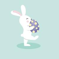 o coelhinho da páscoa vem com um ovo da páscoa. coelho engraçado para o feriado da Páscoa. personagem de vetor para um cartão postal.