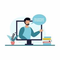 um homem conduz um treinamento online por meio de um computador. conceito do webinar. ilustração vetorial em estilo simples. sala de aula digital. vetor