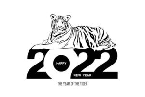 feliz ano novo 2022, ano de tigre desenhando linhas preto e brancas de tigre mentindo nos números 2022 para cartaz, folheto, banner, cartão de convite, ilustração vetorial, isolado no fundo branco. vetor