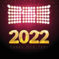 2022 feliz ano novo. números dourados, glitter e estrelas e várias luzes em fundo escuro. cartão de felicitações de ano novo 2022. ilustração vetorial. vetor