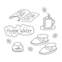 Doodle definir o inverno de Hygge. botas lineares aconchegantes, revista, xícara de chocolate, vela acesa e flocos de neve. inverno. ilustração vetorial no estilo nórdico, escandinavo. arte de linha desenhada à mão vetor