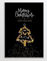 cartão glitter dourados com árvore de Natal. letras de feliz Natal e feliz ano novo. fundo brilhante, saudação ou cartão corporativo, cartaz, capa de férias. ilustração vetorial brilhante