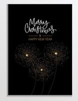cartão glitter dourados com fogos de artifício nas férias. letras de feliz natal e feliz ano novo. fundo brilhante, saudação ou cartão corporativo, cartaz, capa de férias. ilustração vetorial brilhante