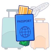 passaporte, passagens e dinheiro. malas e um avião ao fundo. concepção de viagem, controle de passaporte e check-in vetor