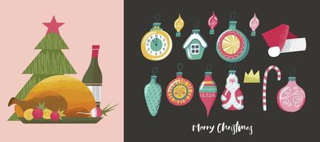 um conjunto de elementos para criar o seu design de natal. peru assado, vinho, decorações de Natal. ilustração vetorial. vetor