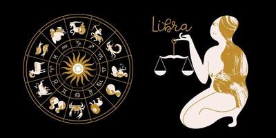 signo do zodíaco libra. horóscopo e astrologia. horóscopo completo no círculo. zodíaco de roda de horóscopo com vetor de doze signos.