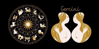 signo do zodíaco, gémeos. horóscopo e astrologia. horóscopo completo no círculo. zodíaco de roda de horóscopo com vetor de doze signos.
