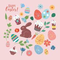 Feliz Páscoa. conjunto de vetores de ilustração bonita. ovos pintados, coelhos, flores, uma cesta, uma lebre de chocolate, bolos. elementos de design para cartão, cartaz, folheto e outro uso.