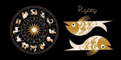 signo de peixes do zodíaco. horóscopo e astrologia. horóscopo completo no círculo. zodíaco de roda de horóscopo com vetor de doze signos.