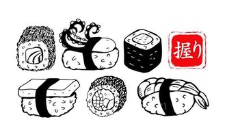 conjunto de sushi japonês diferente de mão desenhada e rolos. o caractere japonês significa sushi. ilustração vetorial. vetor