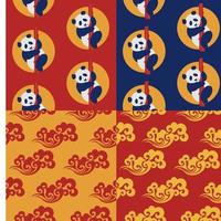 conjunto de padrões de estilo chinês sem costura com pandas chineses e ondas tradicionais. ilustração colorida do vetor. padrão tradicional chinês. vetor
