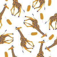 padrão sem emenda em um fundo branco. girafas bonitos e folhas de palmeira. vetor