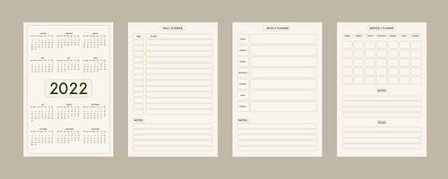 2022 calendário diário semanal mensal planejador pessoal modelo de diário estilo moderno minimalista, paleta de cores naturais verde-oliva bege pastel. semana começa no domingo vetor