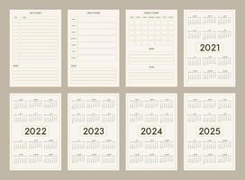 2022 2023 2024 2025 calendário diário semanalmente mensal planejador pessoal diário modelo estilo moderno minimalista, paleta de cores naturais bege pastel verde-oliva. semana começa no domingo vetor