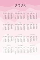 calendário rosa vertical para 2025 anos. as silhuetas das montanhas abstraem o fundo gradiente colorido. design de calendário para impressão e digital. semana começa no domingo vetor