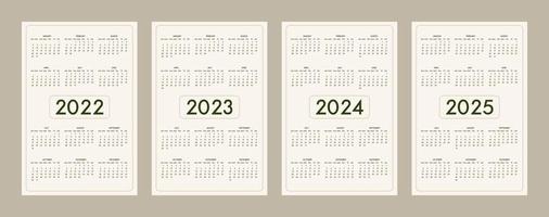 2022 2023 2024 2025 modelo de calendário definido em estilo ecológico moderno e minimalista, paleta de cores naturais verde-oliva bege pastel. semana começa no domingo vetor